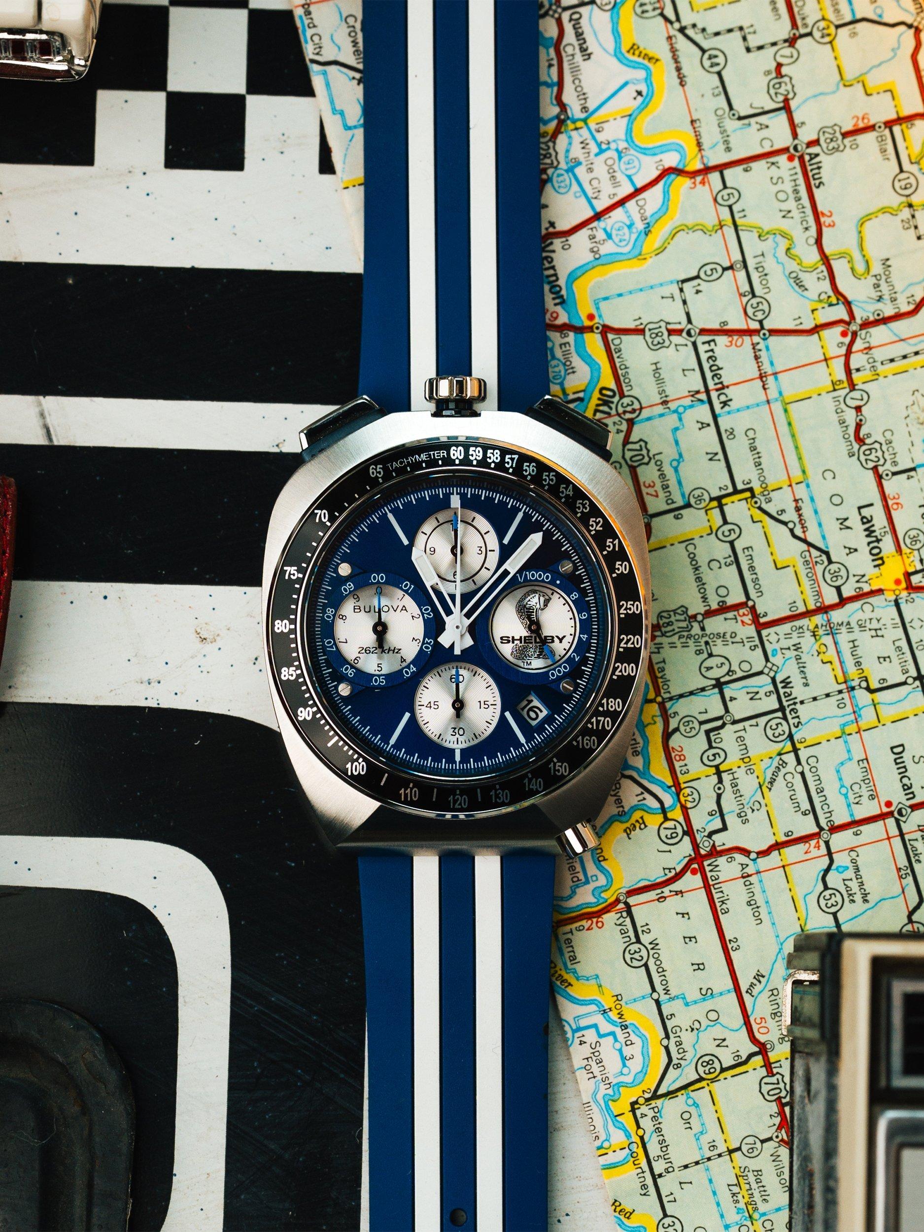 Bulova racing chronograph watch blue dial rubber strap, UK version