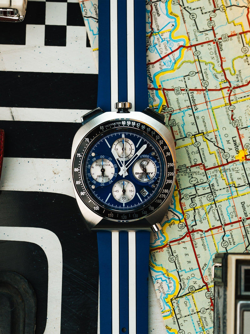 Bulova racing chronograph watch blue dial rubber strap, UK version