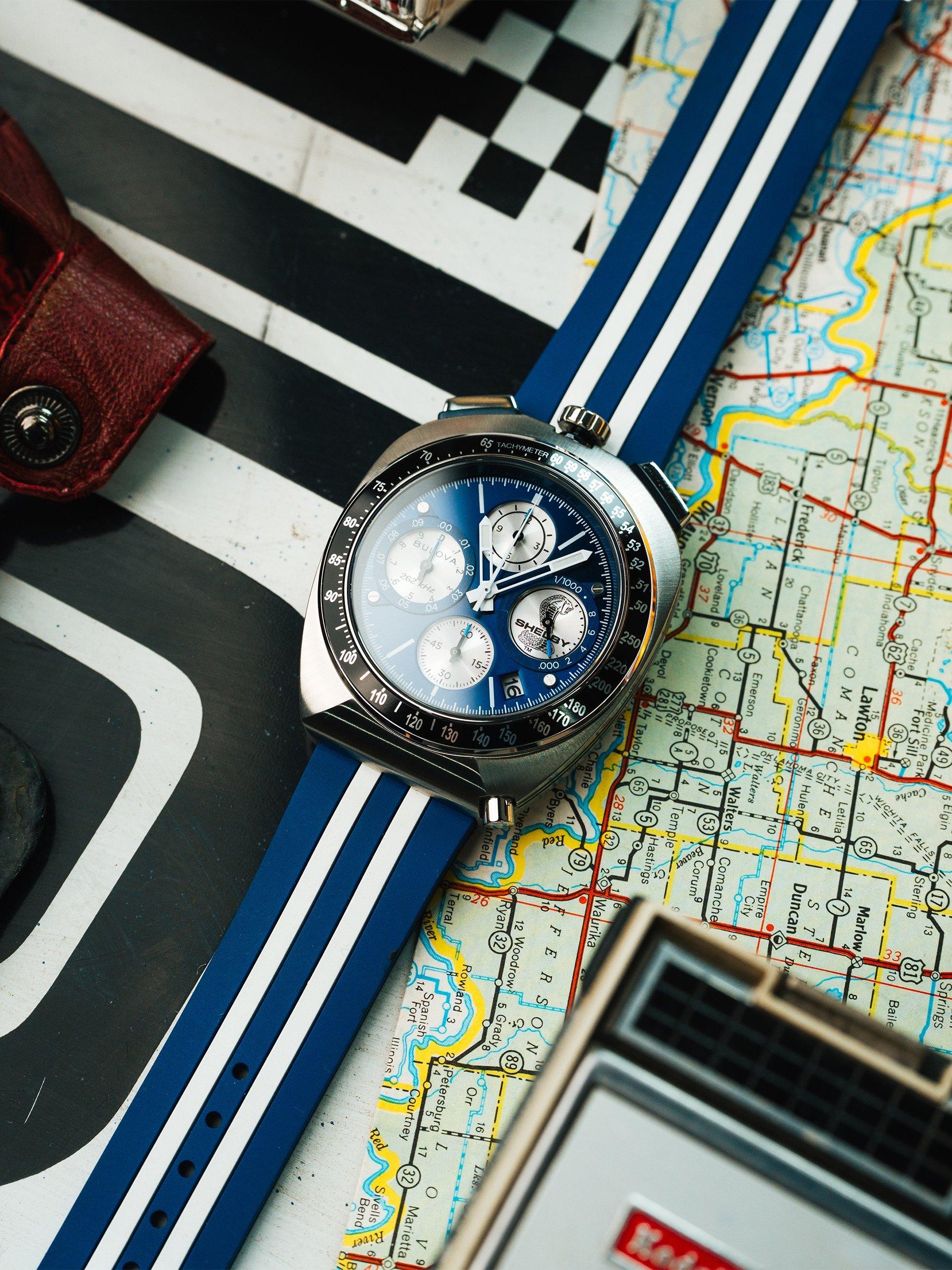 Bulova racing chronograph watch blue dial rubber strap, UK version