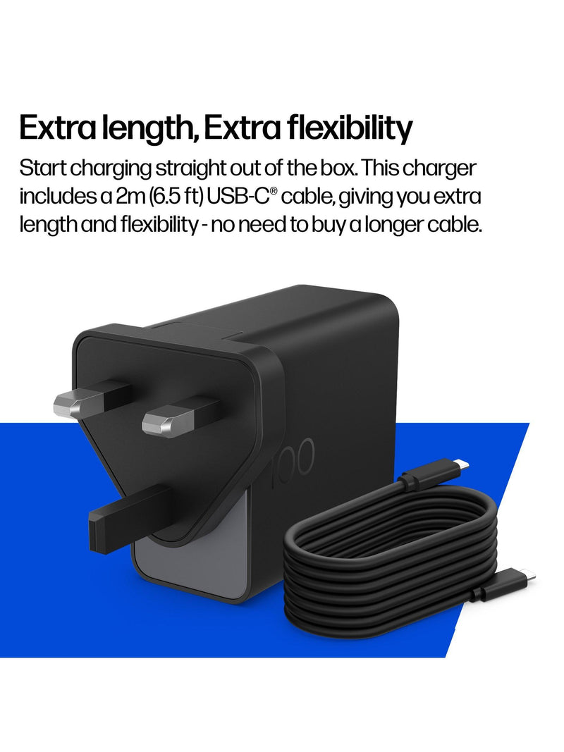 HP 100W GaN Wall Charger Black compact - British product