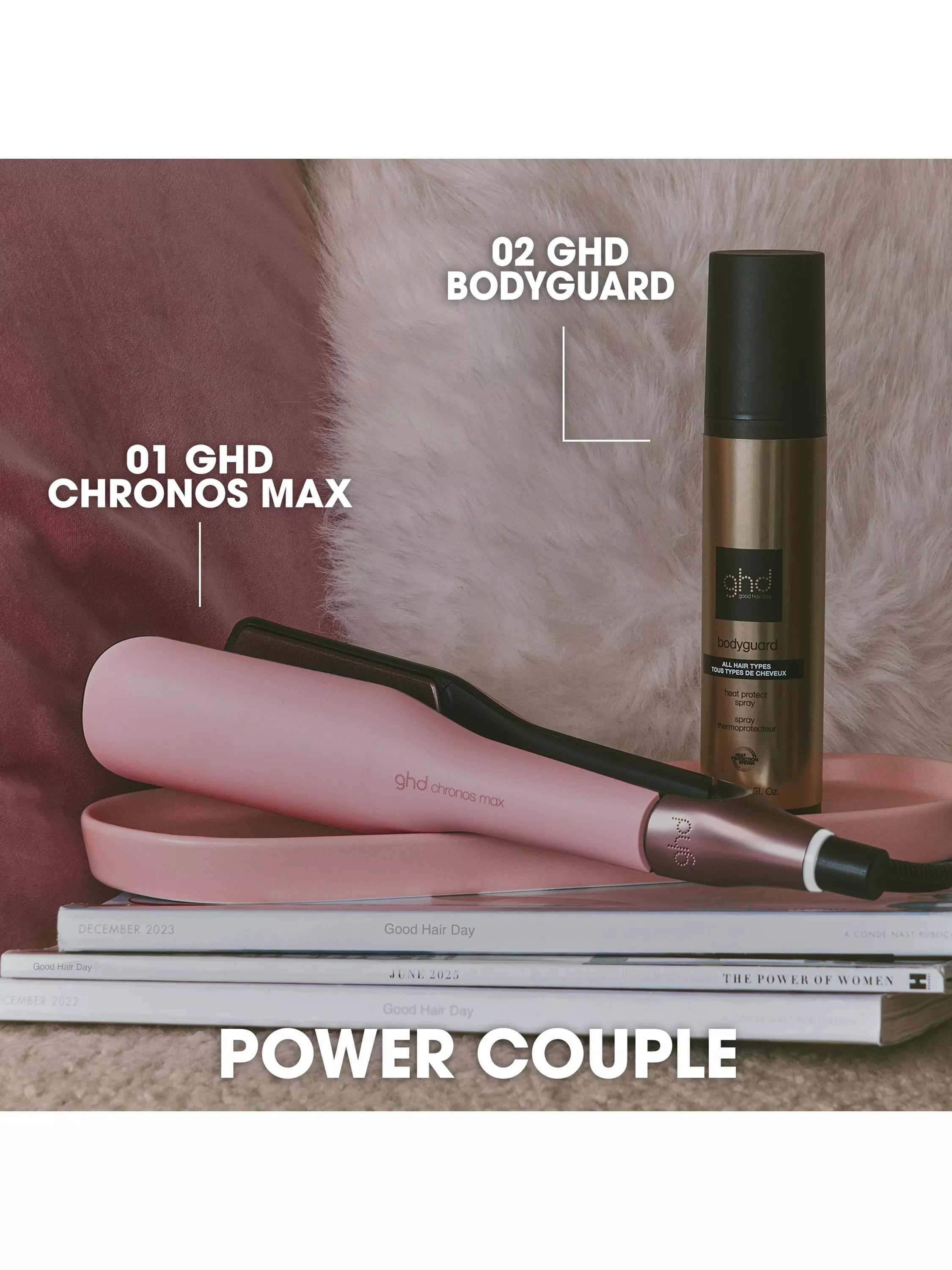 ghd Chronos Max Pink hair straightener with heat-resistant bag - British product