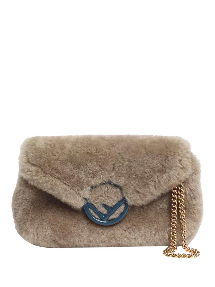 Pre-loved Fendi shearling belt bag taupe with gold hardware, imported from the UK