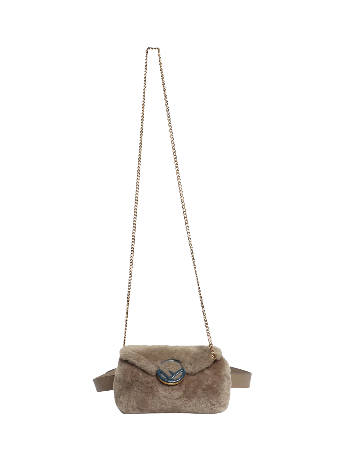 Pre-loved Fendi shearling belt bag taupe with gold hardware, imported from the UK