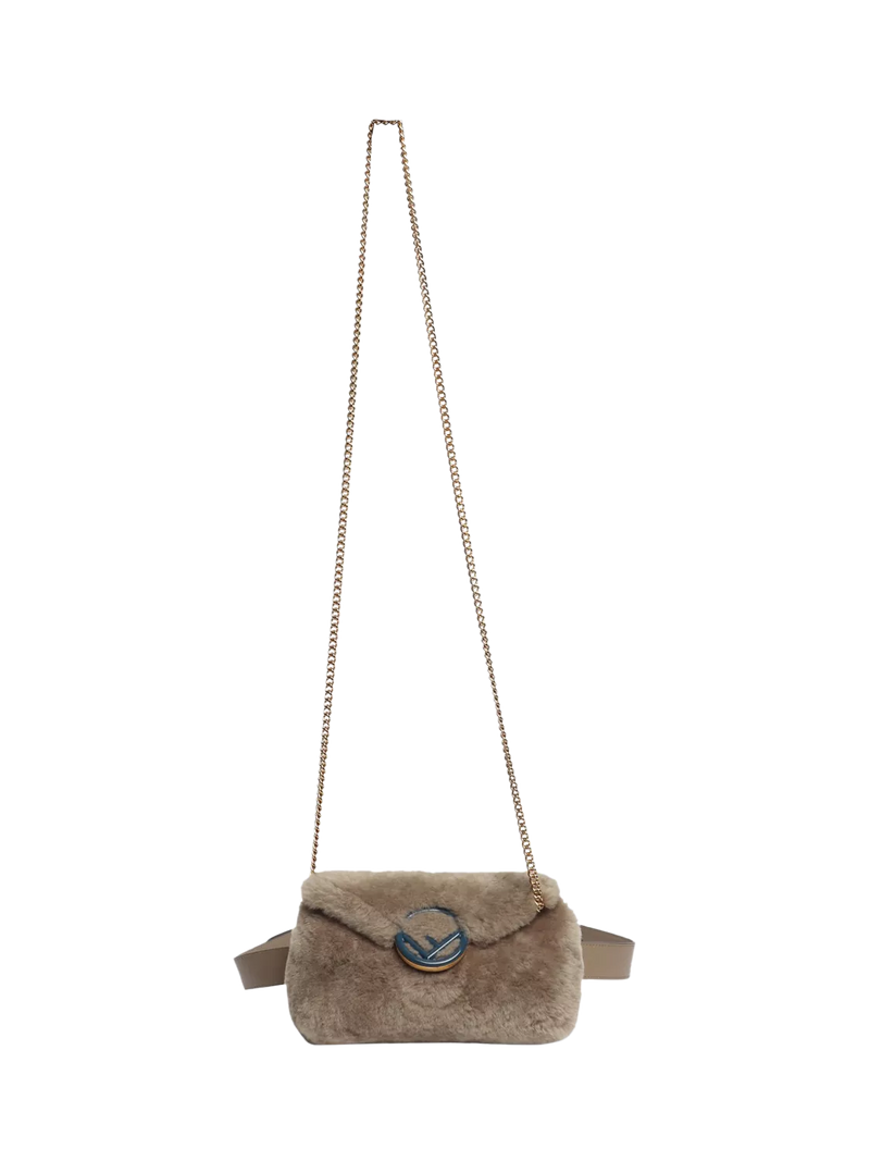 Pre-loved Fendi shearling belt bag taupe with gold hardware, imported from the UK