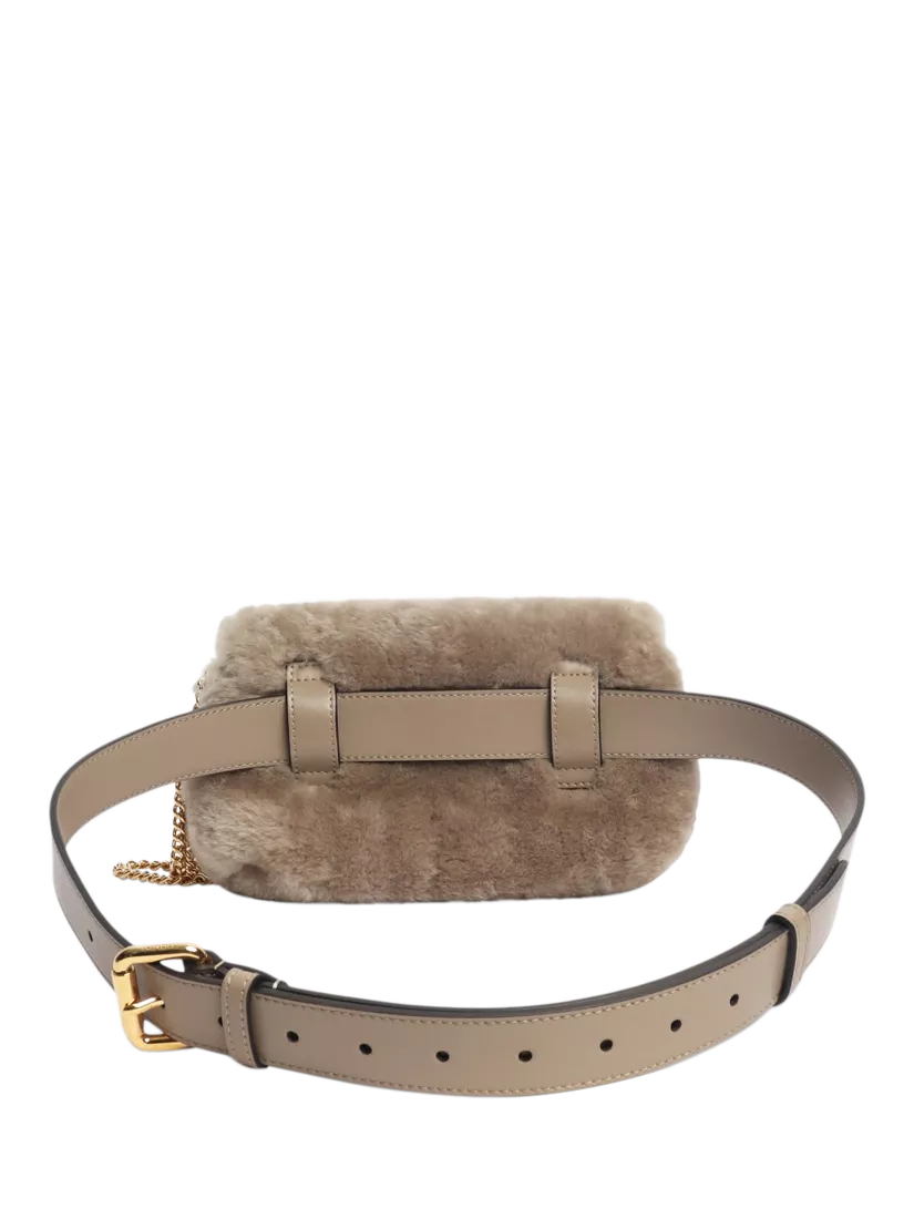 Pre-loved Fendi shearling belt bag taupe with gold hardware, imported from the UK