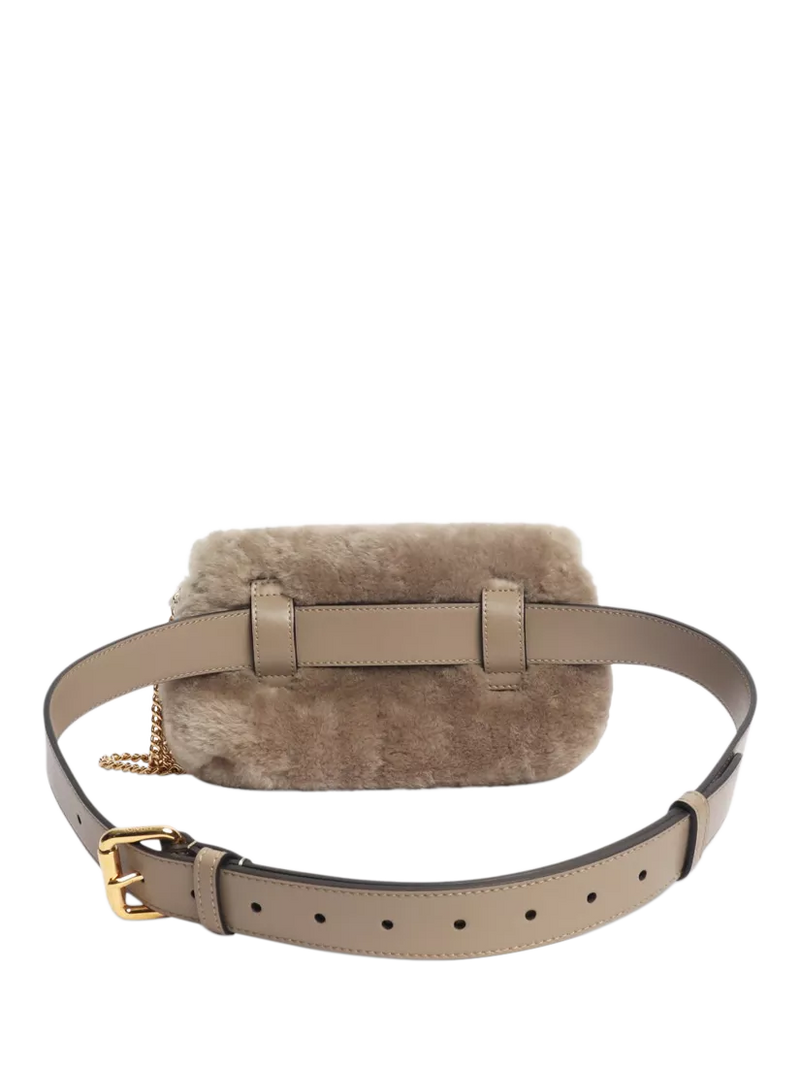 Pre-loved Fendi shearling belt bag taupe with gold hardware, imported from the UK