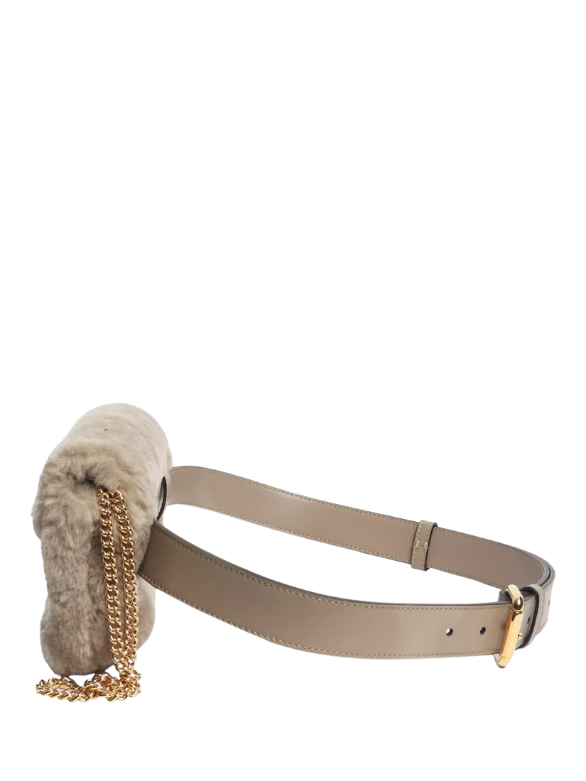 Pre-loved Fendi shearling belt bag taupe with gold hardware, imported from the UK