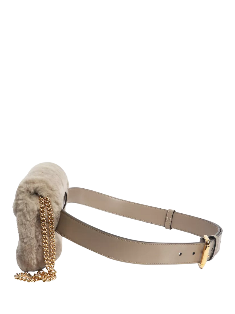 Pre-loved Fendi shearling belt bag taupe with gold hardware, imported from the UK