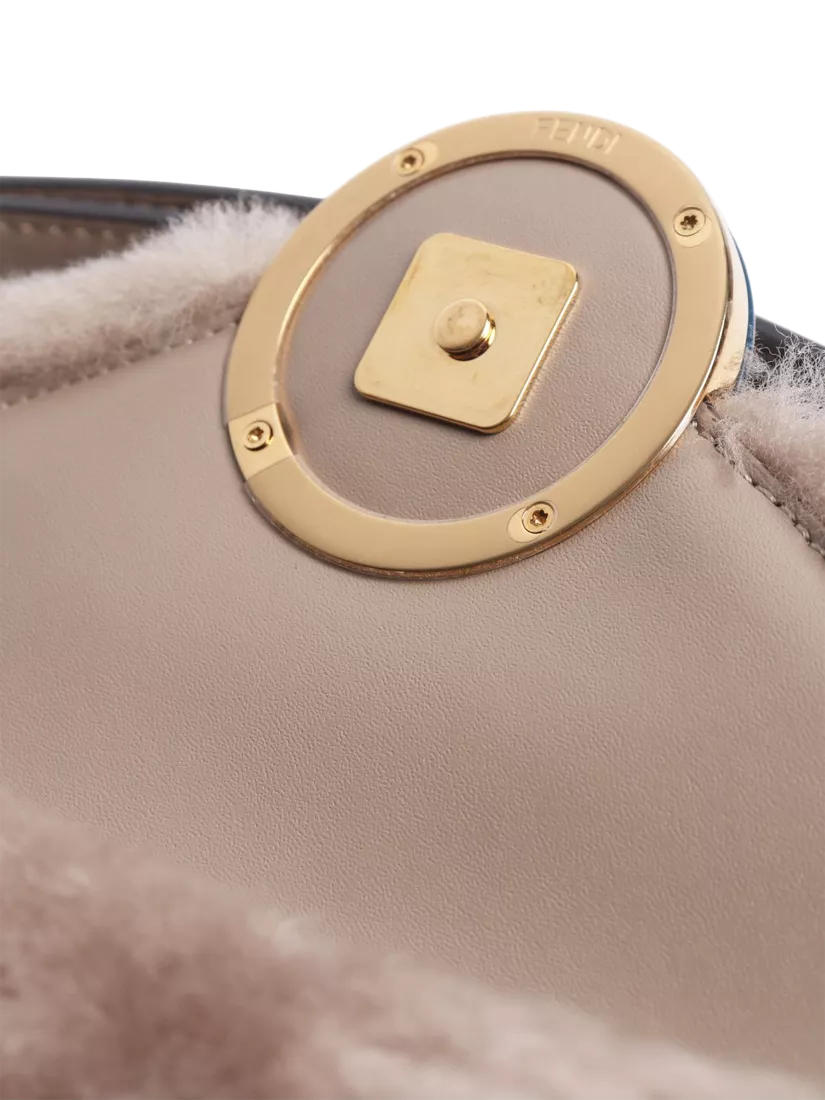 Pre-loved Fendi shearling belt bag taupe with gold hardware, imported from the UK
