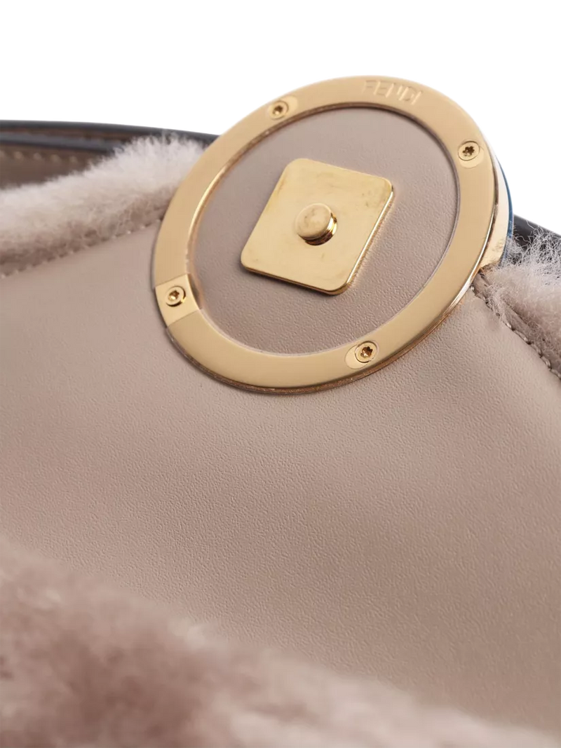 Pre-loved Fendi shearling belt bag taupe with gold hardware, imported from the UK