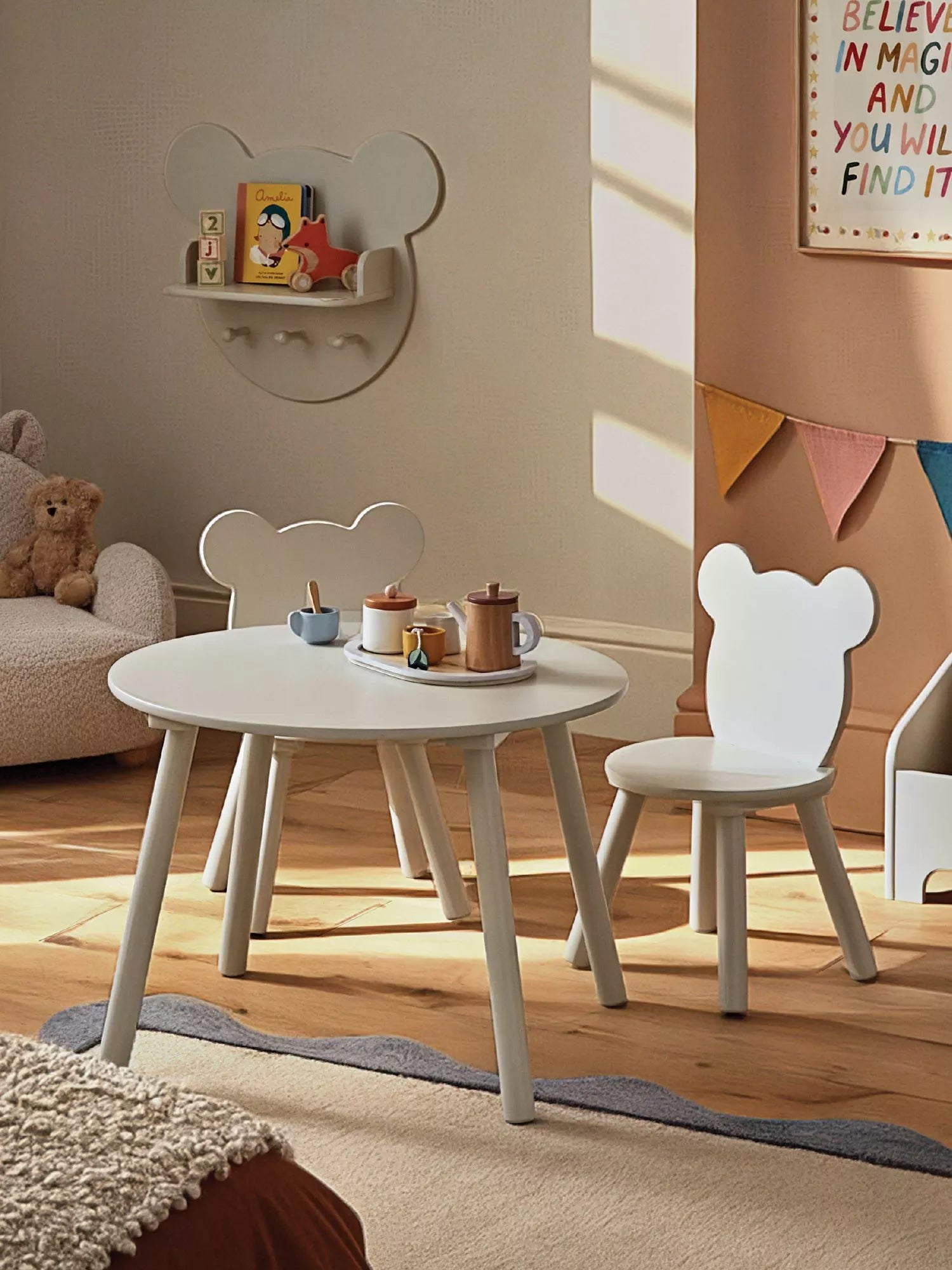 CuddleCo white kids table and chairs set, imported from the UK