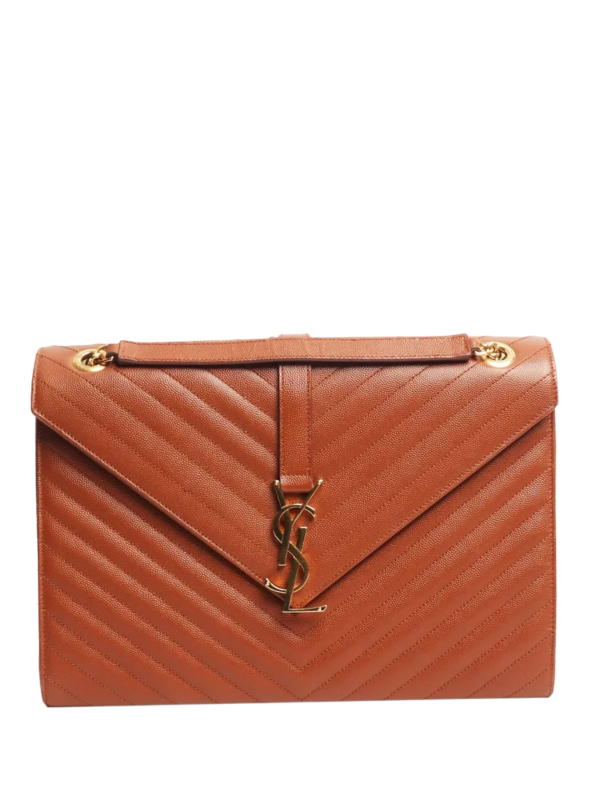 SAINT LAURENT brown leather envelope shoulder bag 31cm, imported from the UK