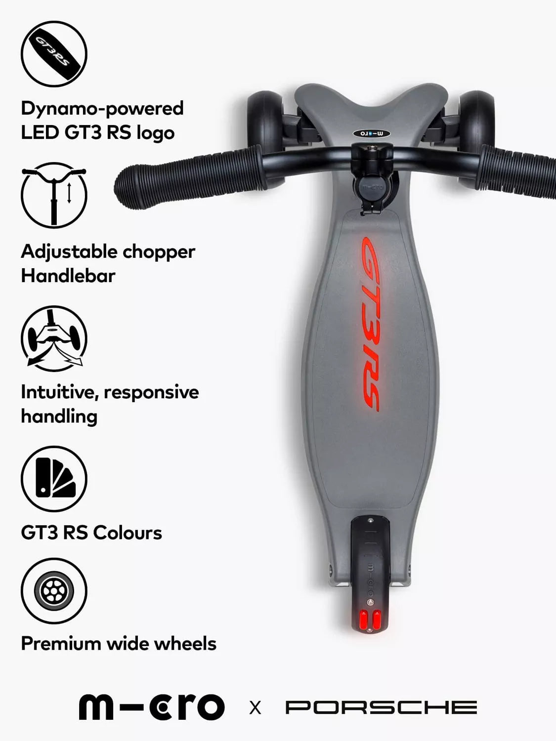 Micro Scooters Kickboard Deluxe LED Porsche Edition scooter metallic stone grey, imported from the UK