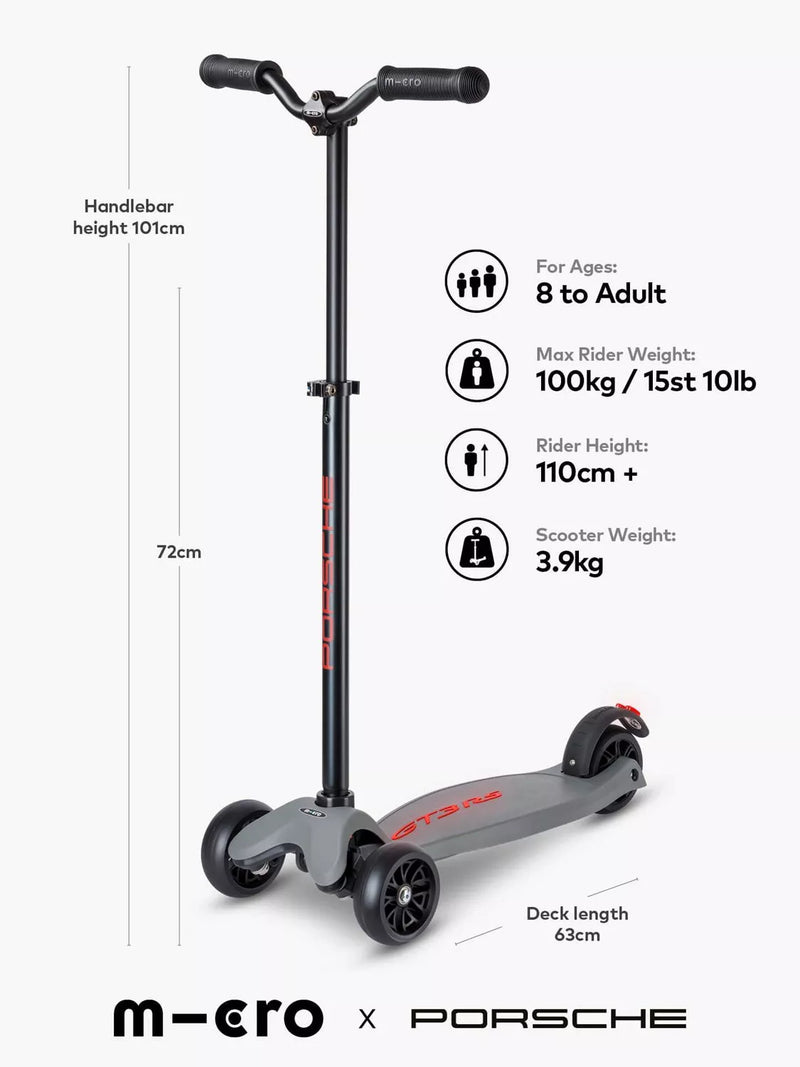 Micro Scooters Kickboard Deluxe LED Porsche Edition scooter metallic stone grey, imported from the UK