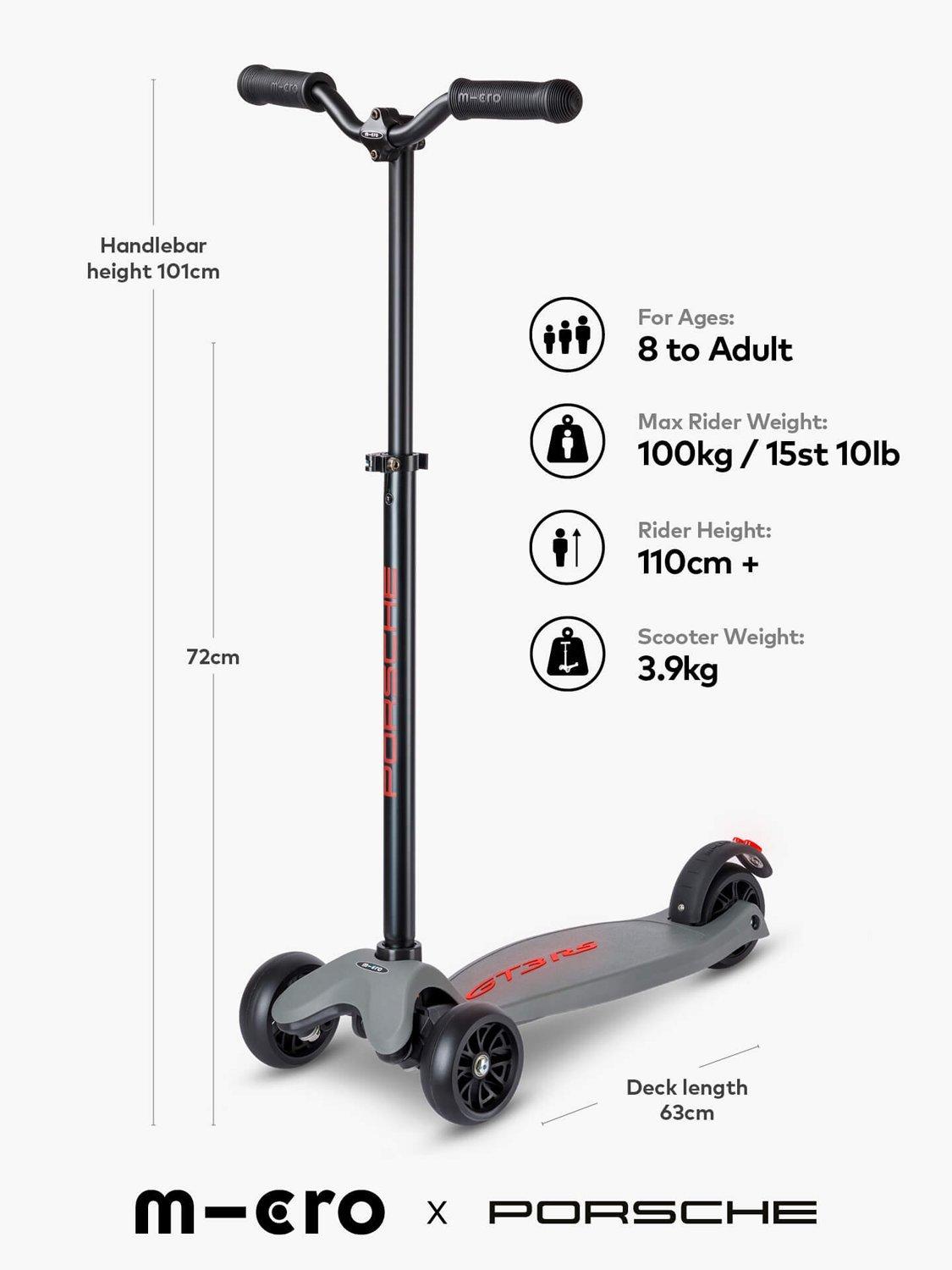 Micro Scooters Kickboard Deluxe LED Porsche Edition scooter metallic stone grey, imported from the UK