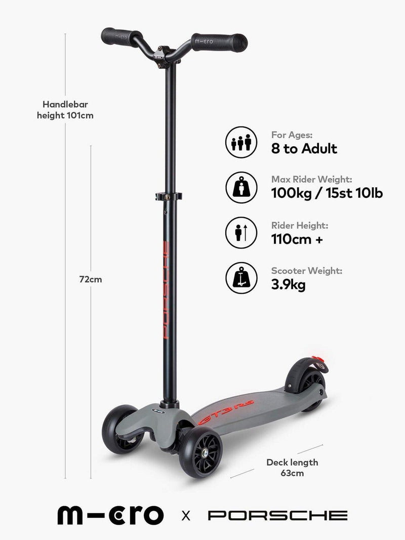 Micro Scooters Kickboard Deluxe LED Porsche Edition scooter metallic stone grey, imported from the UK