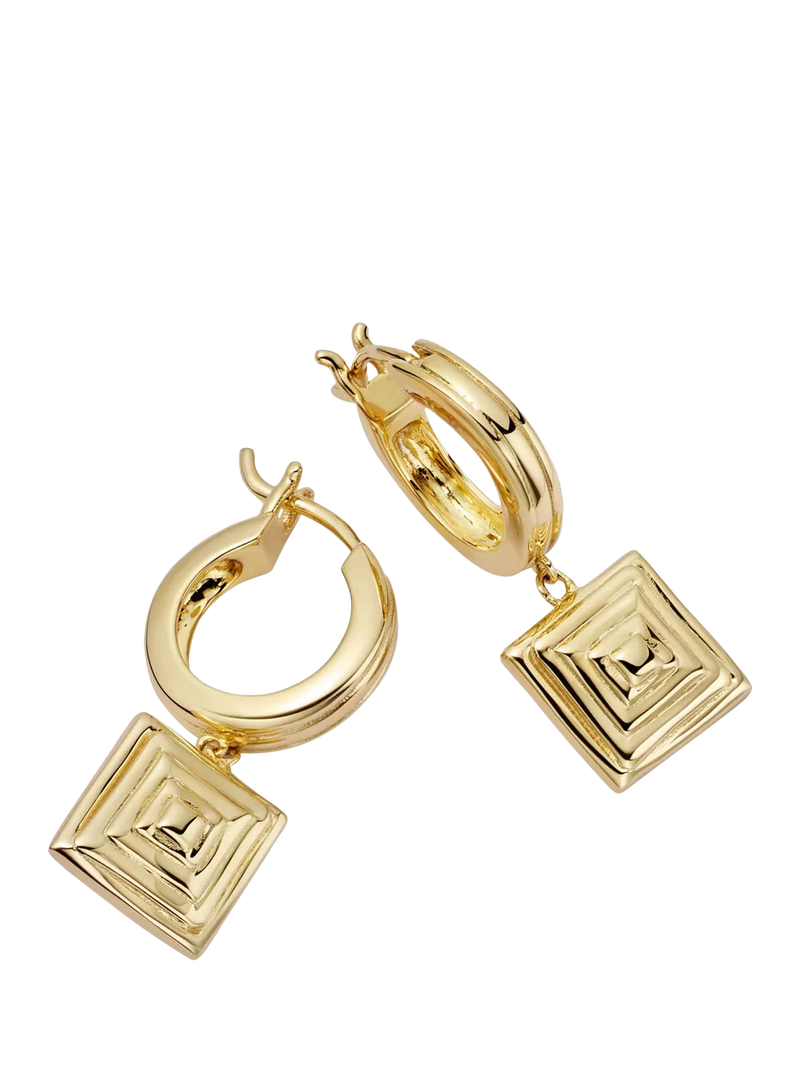 Daisy London gold plated huggie hoop earrings square drop (British brand)