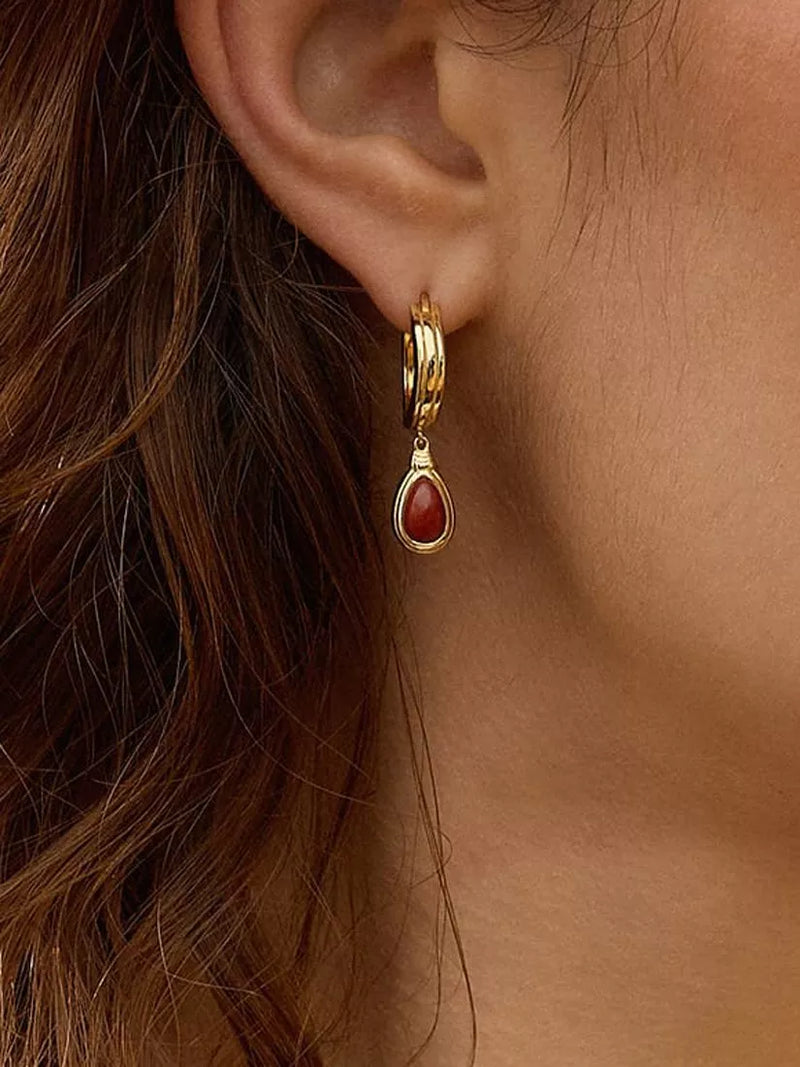 Daisy London 18ct gold plated red jasper hoop earrings, imported from the UK