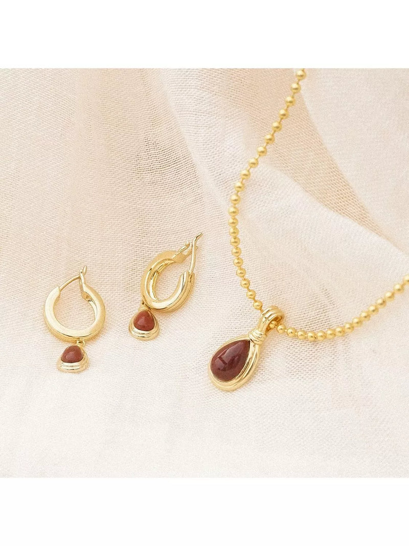 Daisy London 18ct gold plated red jasper hoop earrings, imported from the UK