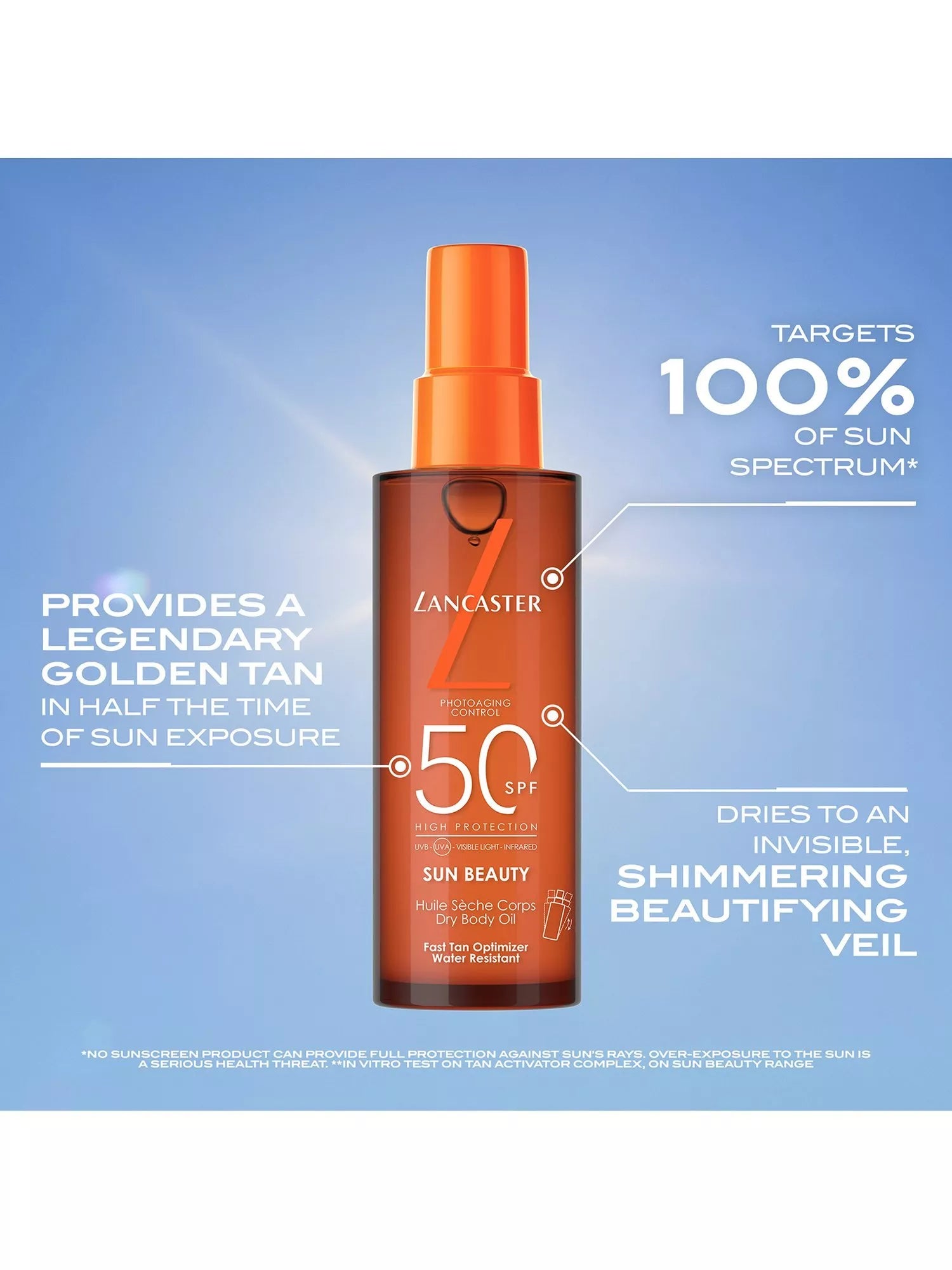 Lancaster SPF 50 dry body oil 150ml, imported from the UK