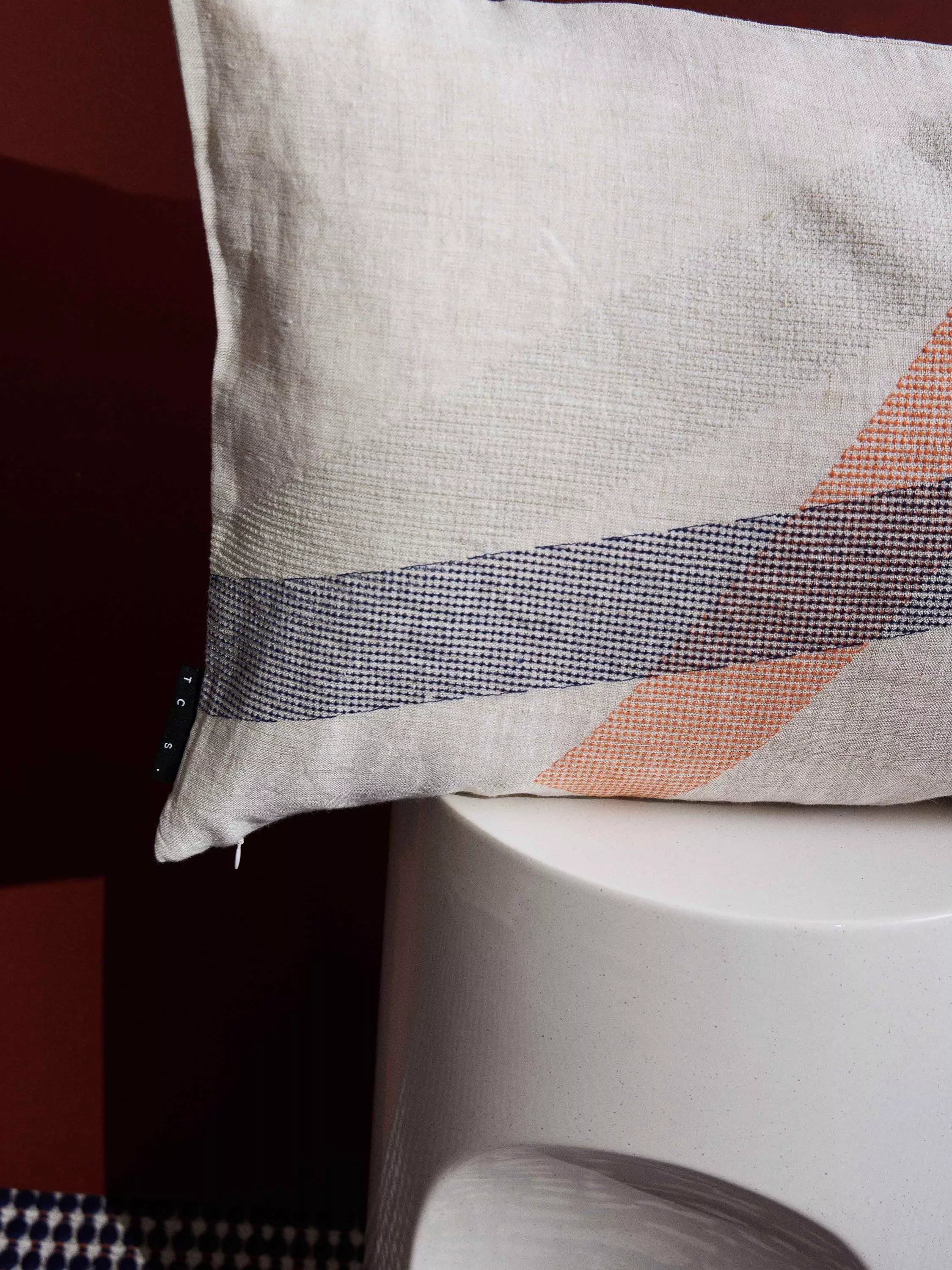 Conran Shop Furrow linen cushion sage orange, imported from the UK