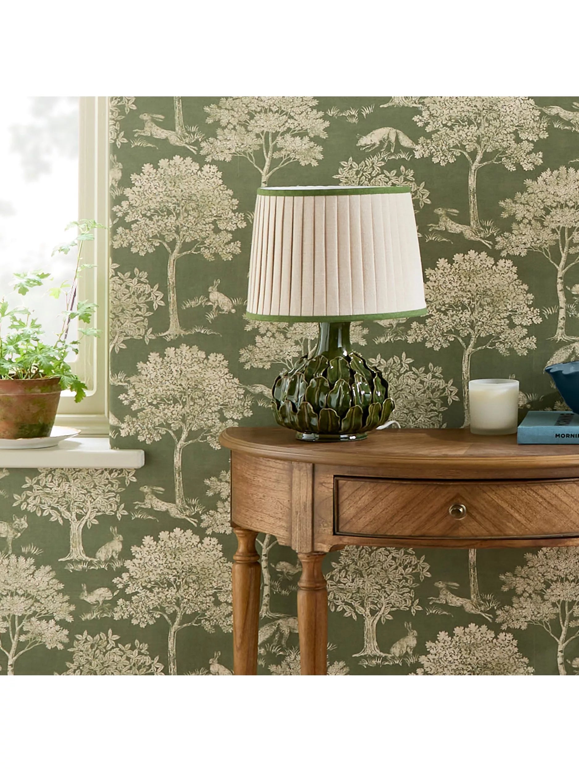 Joules Fox and Hare olive green wallpaper, imported from the UK