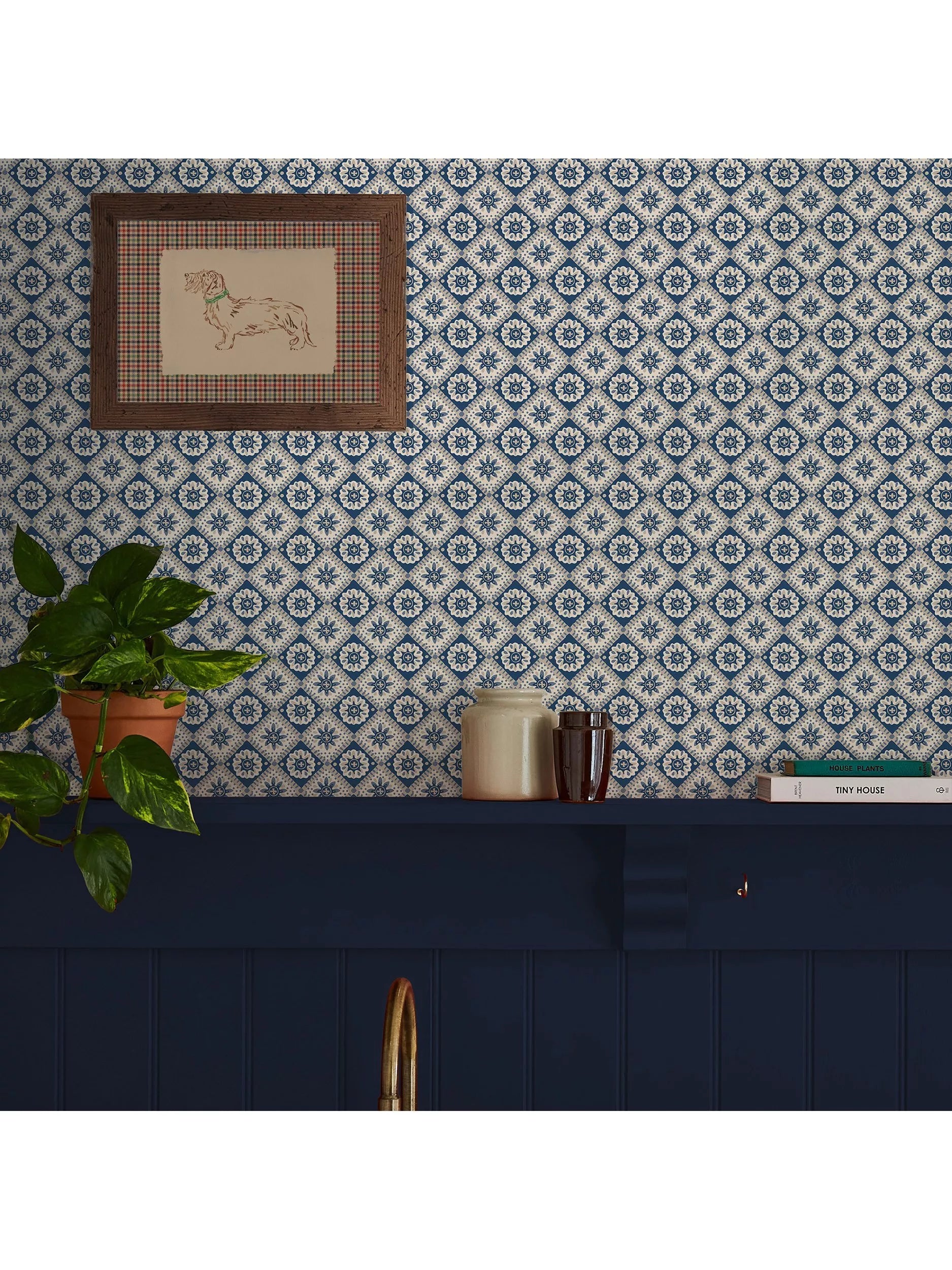 Joules Meadow Geo Wallpaper navy cream, imported from the UK