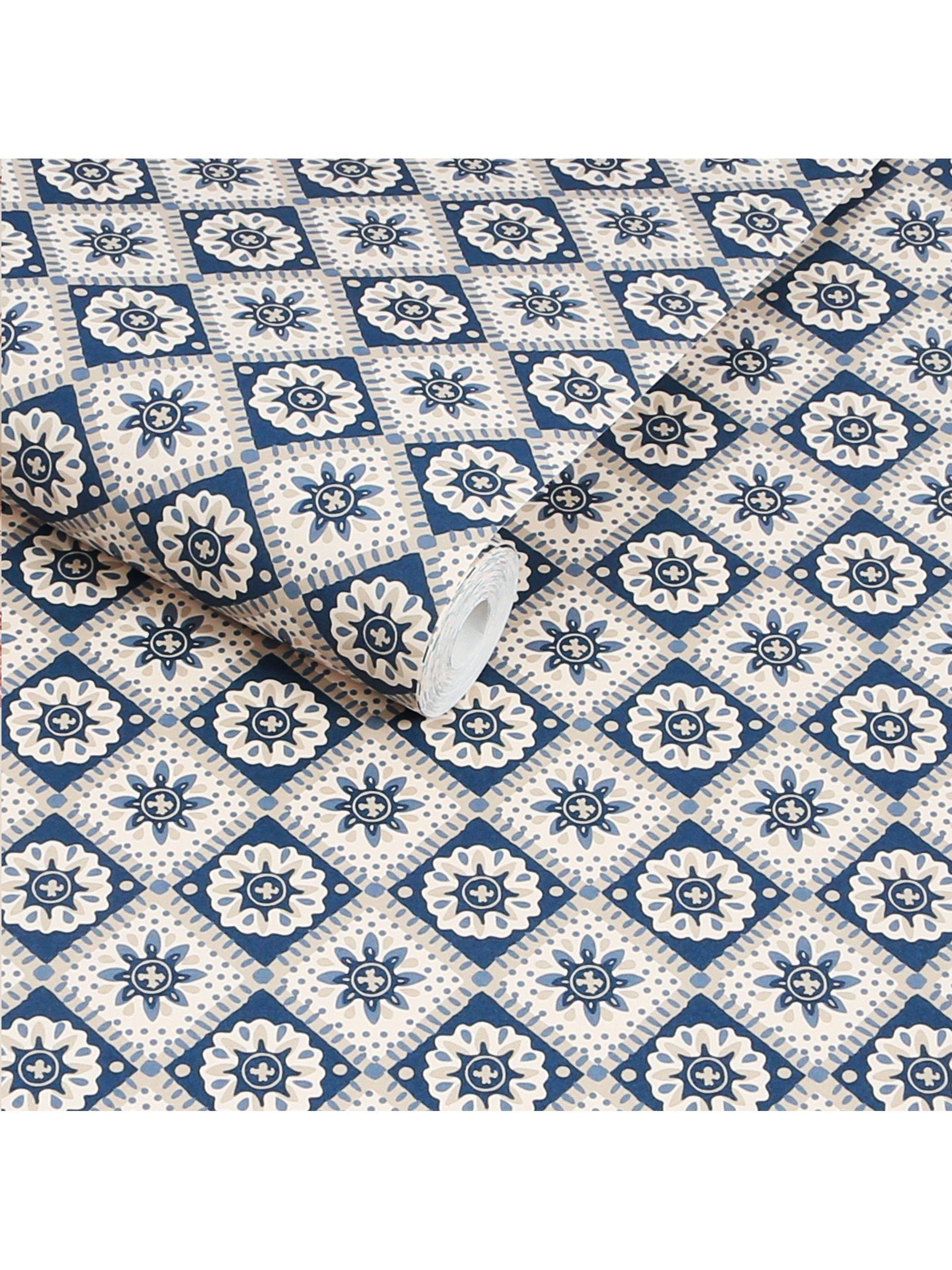 Joules Meadow Geo Wallpaper navy cream, imported from the UK