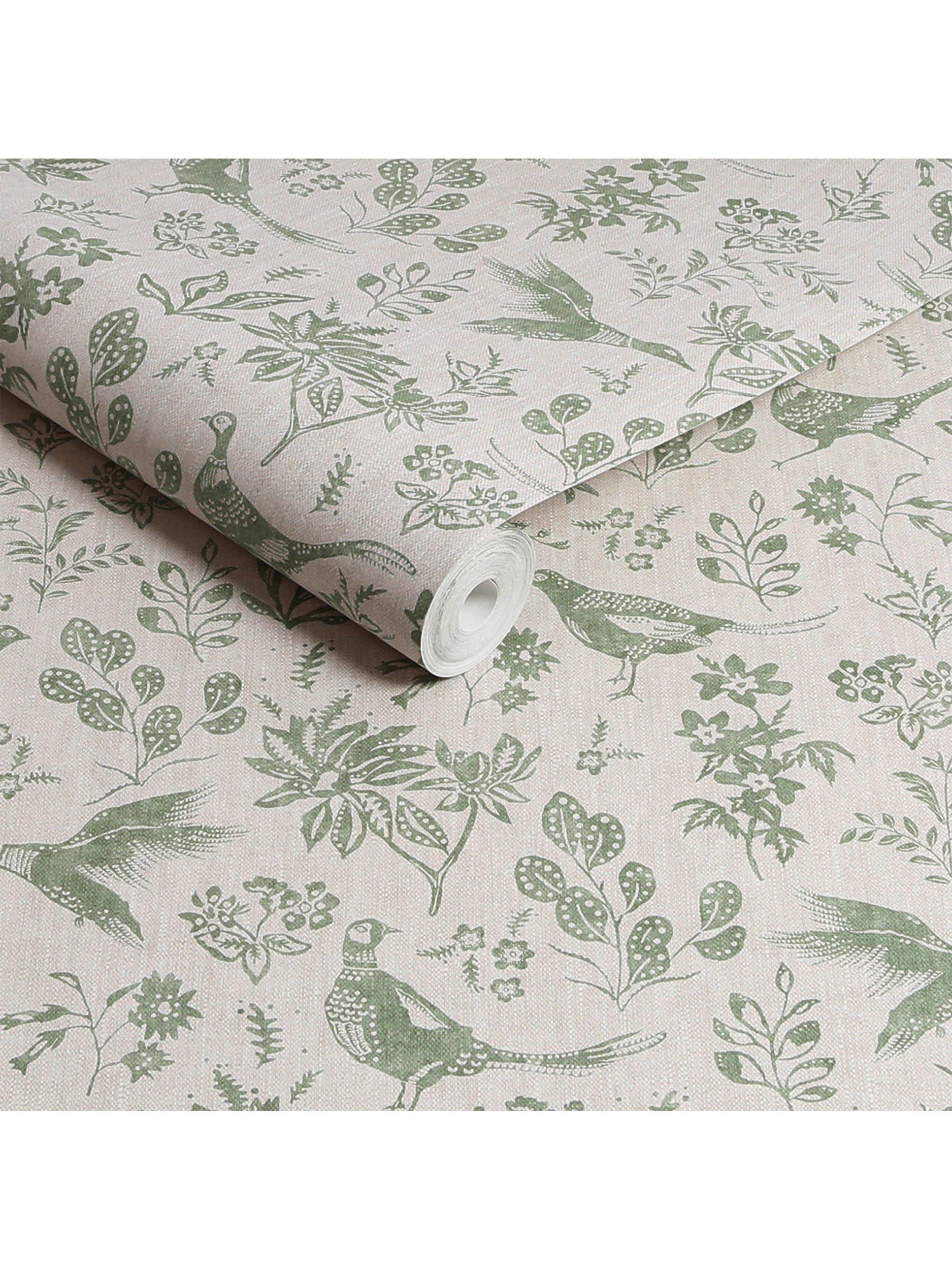 Joules pheasant print wallpaper linen green - British product
