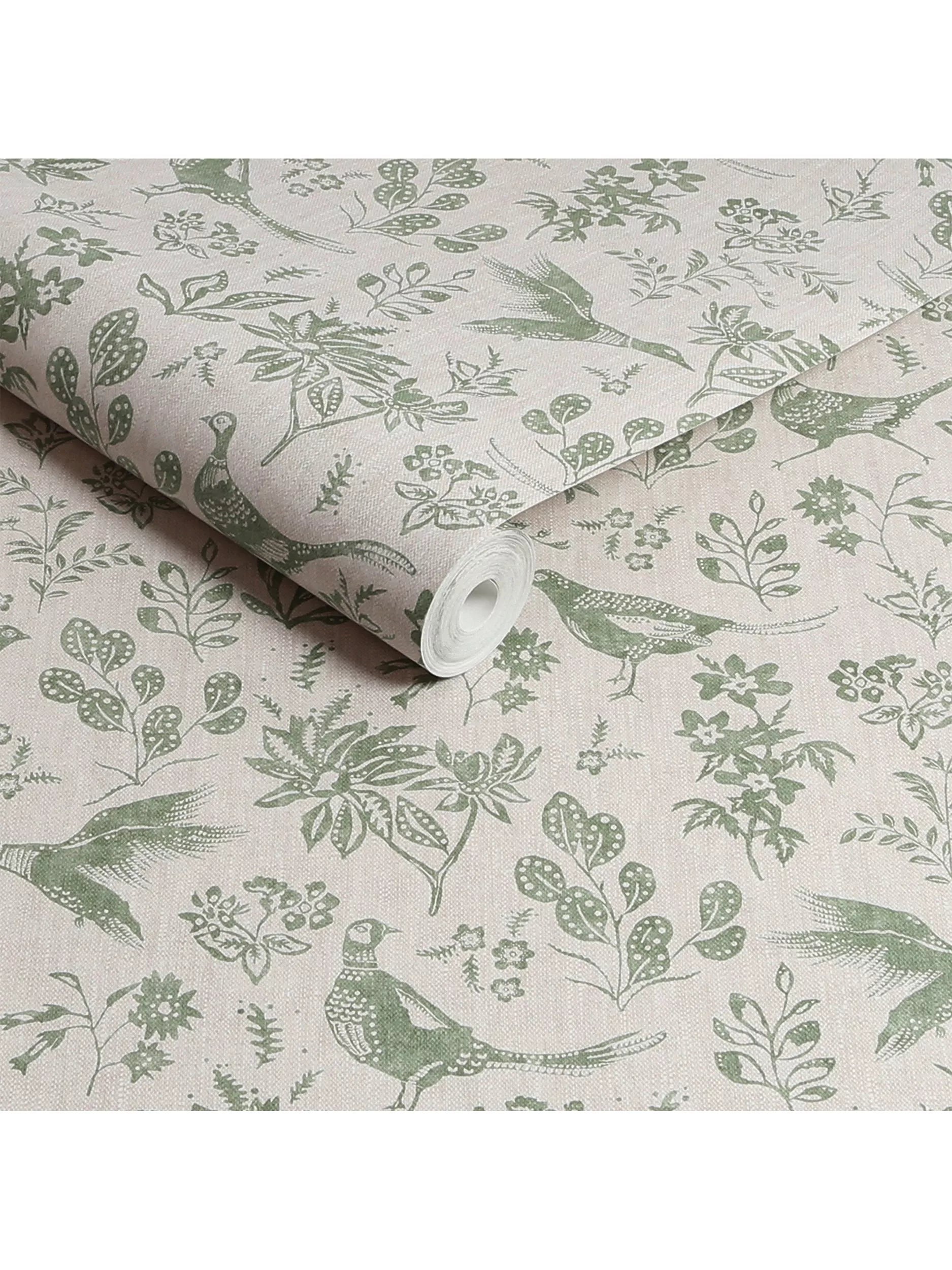 Joules pheasant print wallpaper linen green - British product