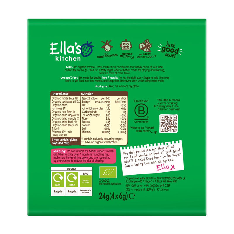 Ella's Kitchen baby snack tomato & basil melty sticks 4 x 6g (British brand)
