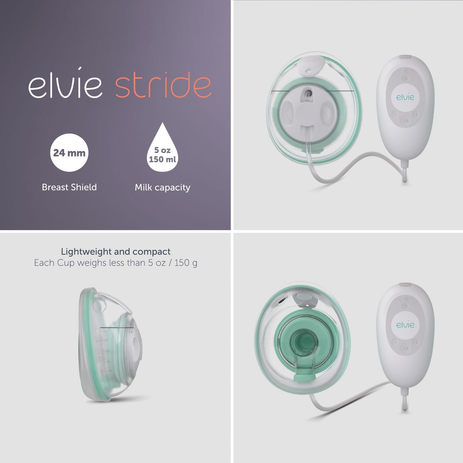 Elvie Stride single breast pump with cups and hub, UK version