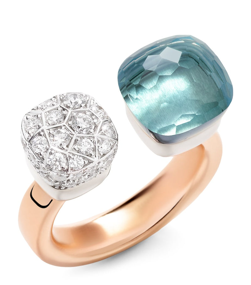 Pomellato mixed gold diamond topaz Nudo ring, imported from the UK