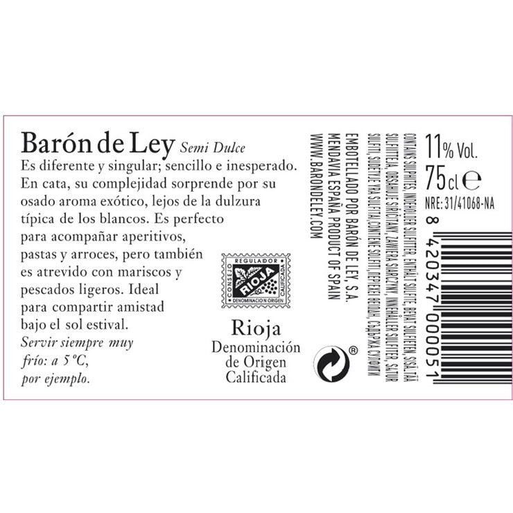 Baron De Ley Semidulce semi-sweet white wine 75cl, imported from the UK