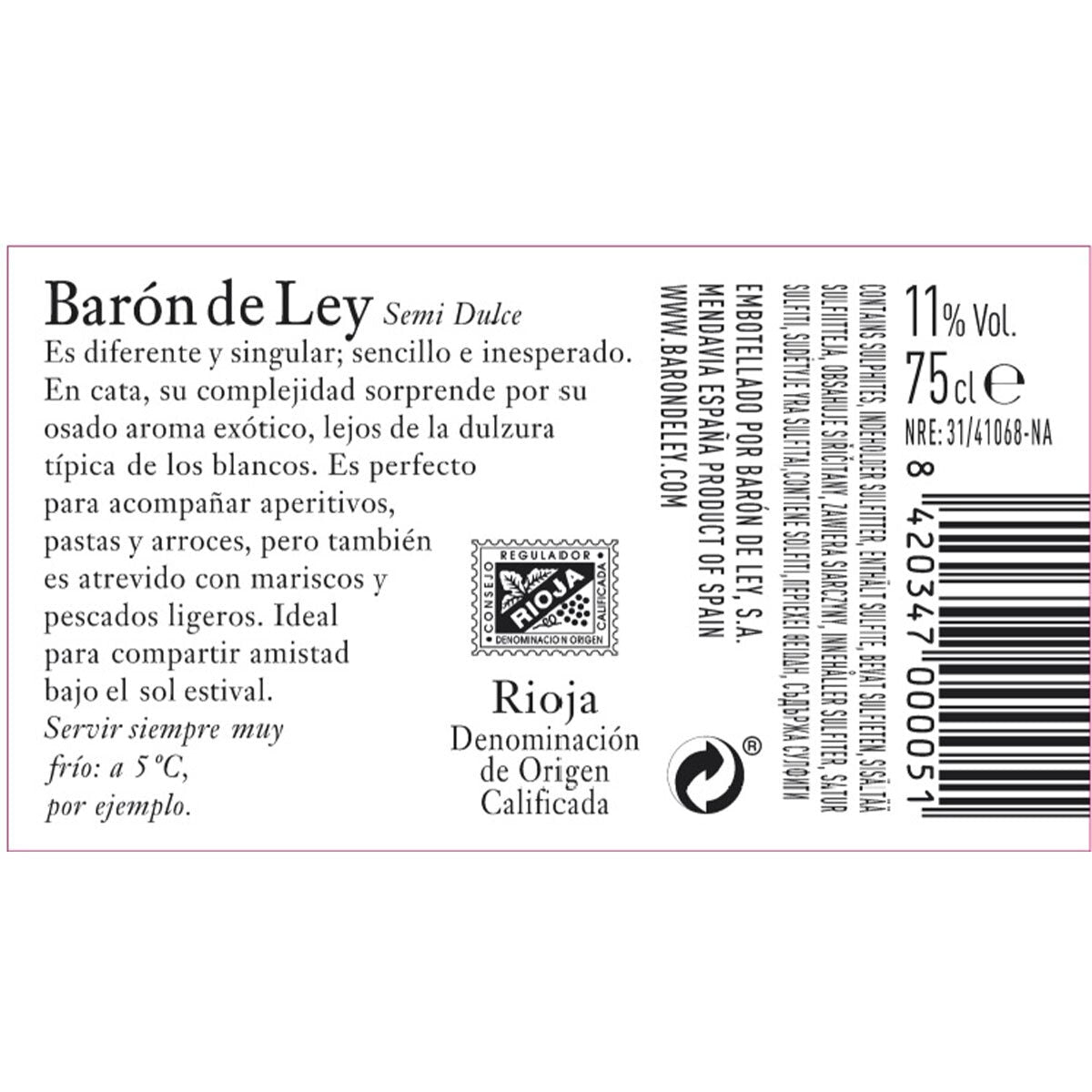 Baron De Ley Semidulce semi-sweet white wine 75cl, imported from the UK