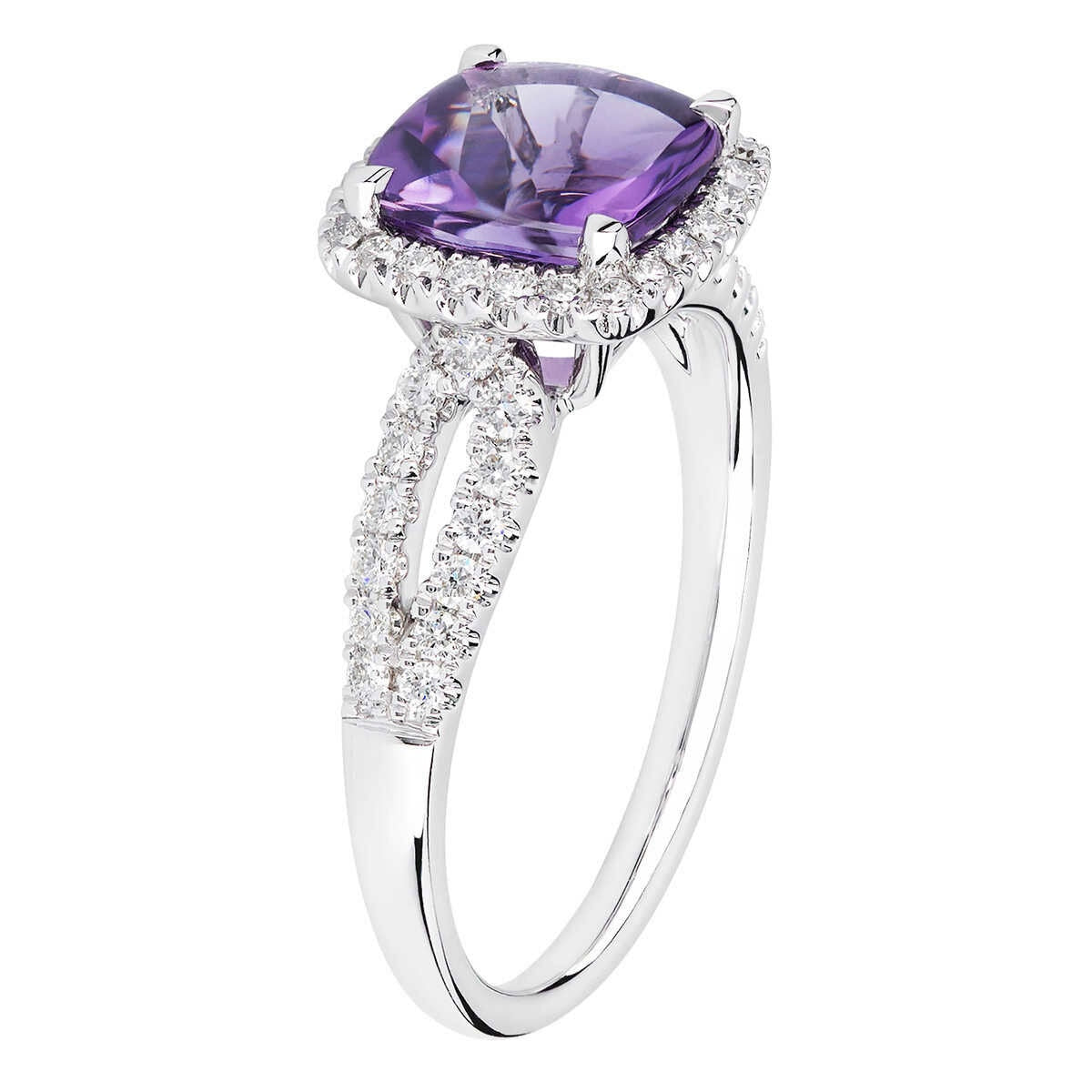 Costco cushion cut amethyst diamond ring 14ct white gold (British brand)