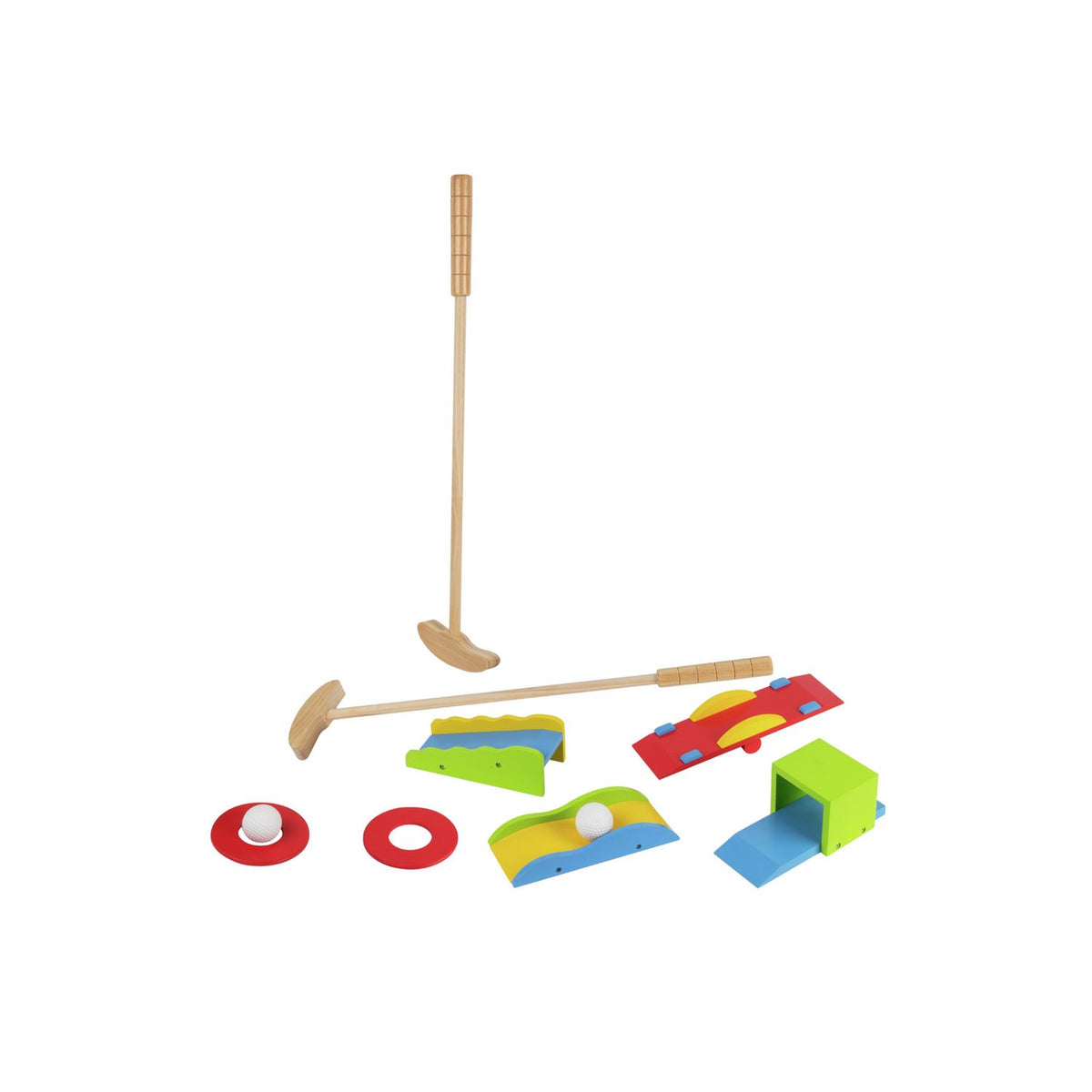 Chad Valley wooden golf set with two putters and obstacles (British brand)