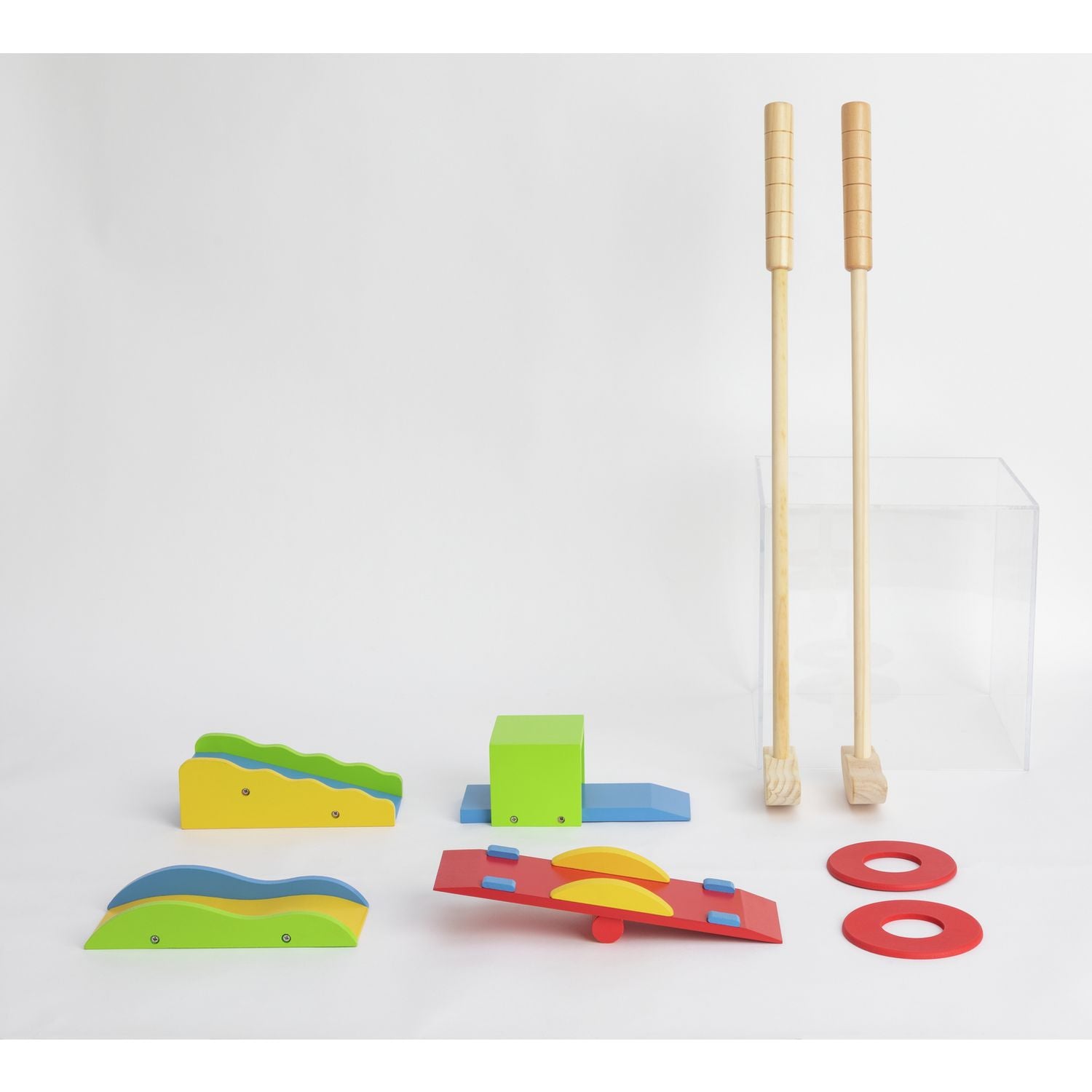Chad Valley wooden golf set with two putters and obstacles (British brand)