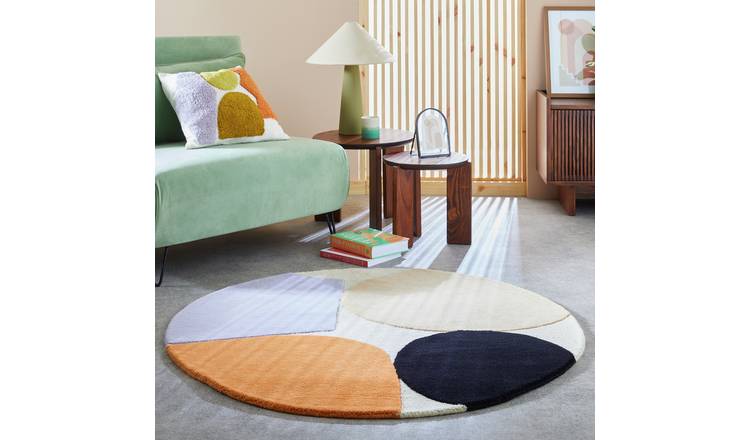 Habitat carved geometric round wool cut pile rug 120cm, UK version