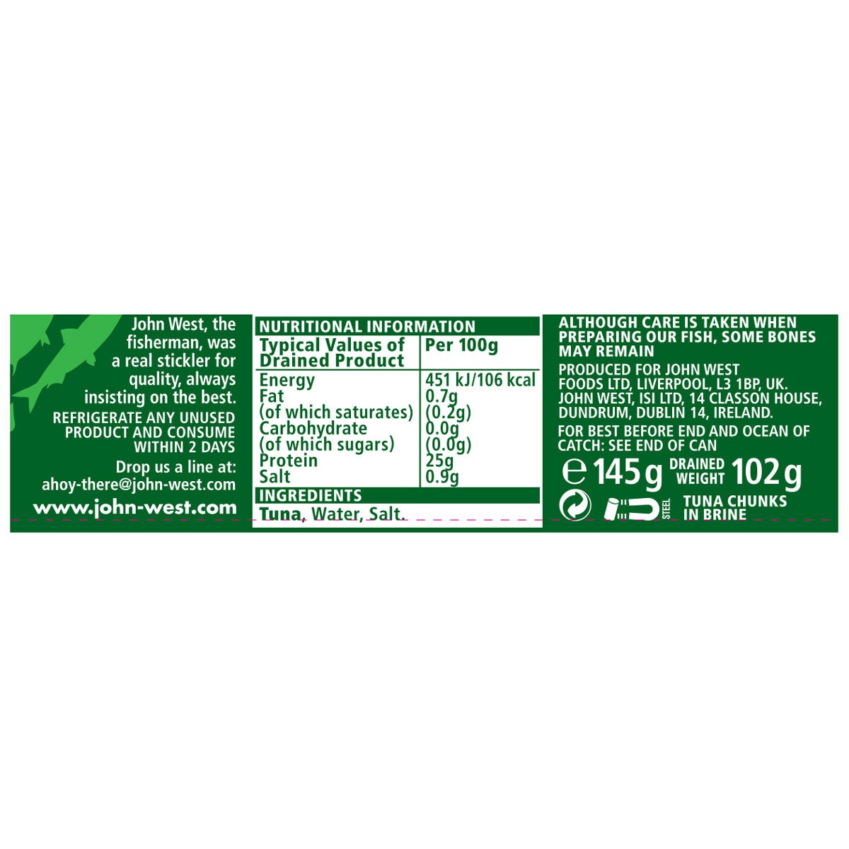 John West tuna chunks in brine 12 x 145g, UK version