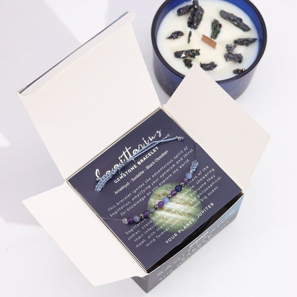Serenityy's Sagittarius crystal candle with gemstone bracelet 320g, imported from the UK