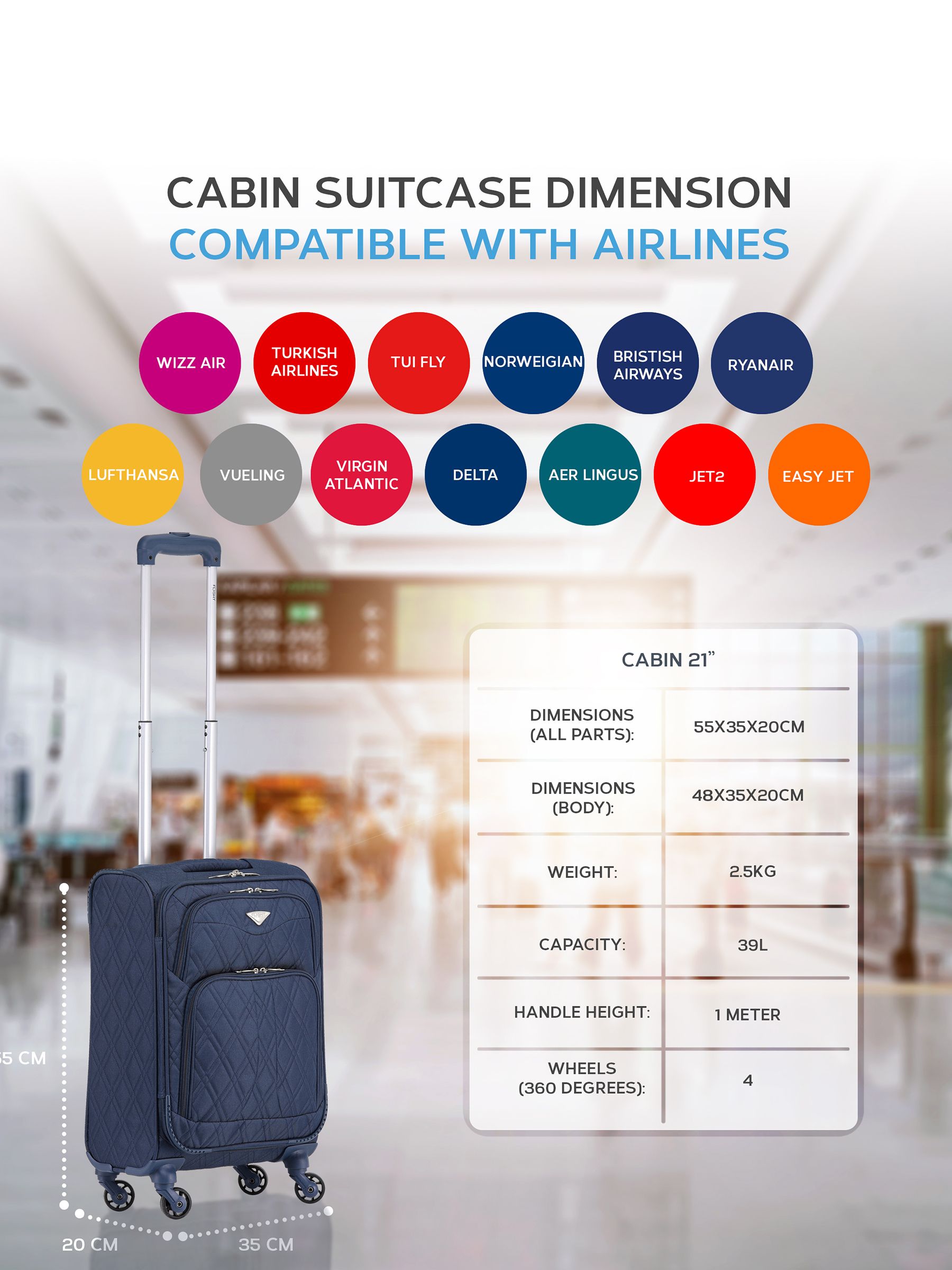 Flight Knight quilted navy cabin suitcase 55x35x20cm (British brand)