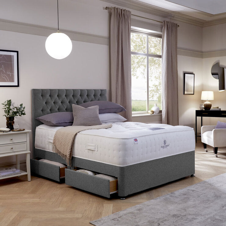 Pocket Spring Bed Co Ravello grey fabric headboard, imported from the UK