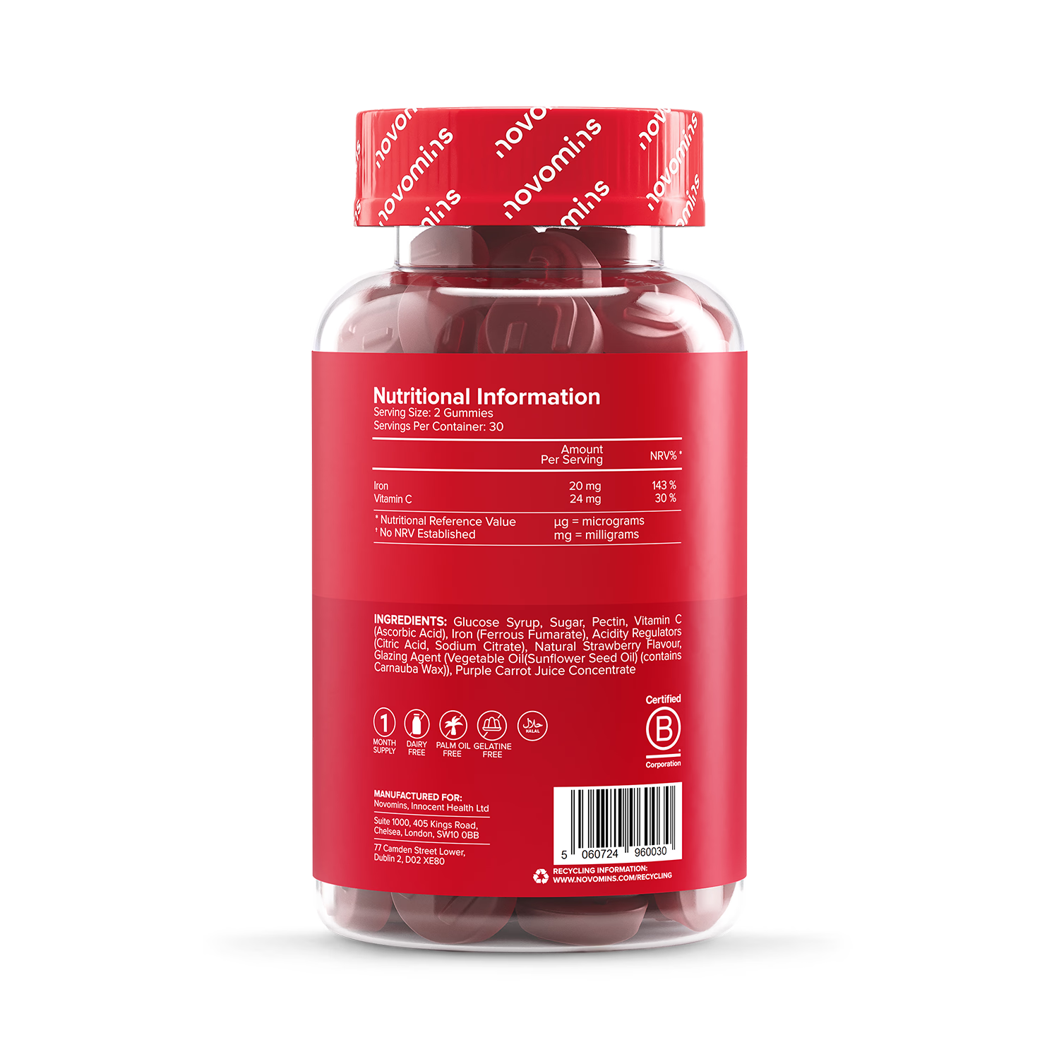 Novomins iron gummies strawberry flavoured 60 gummies, UK version
