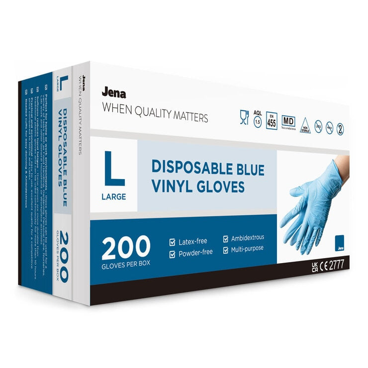 Jena blue vinyl gloves 200 pack, UK version