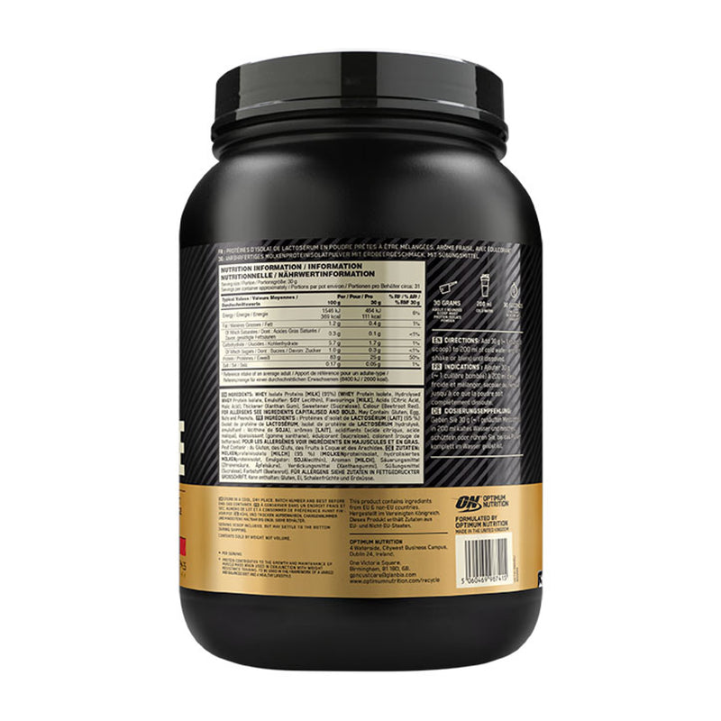 Optimum Nutrition whey protein isolate strawberry 930g, imported from the UK