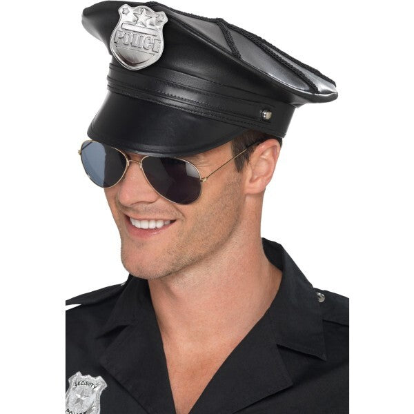 Smiffys deluxe police hat black faux leather, UK version