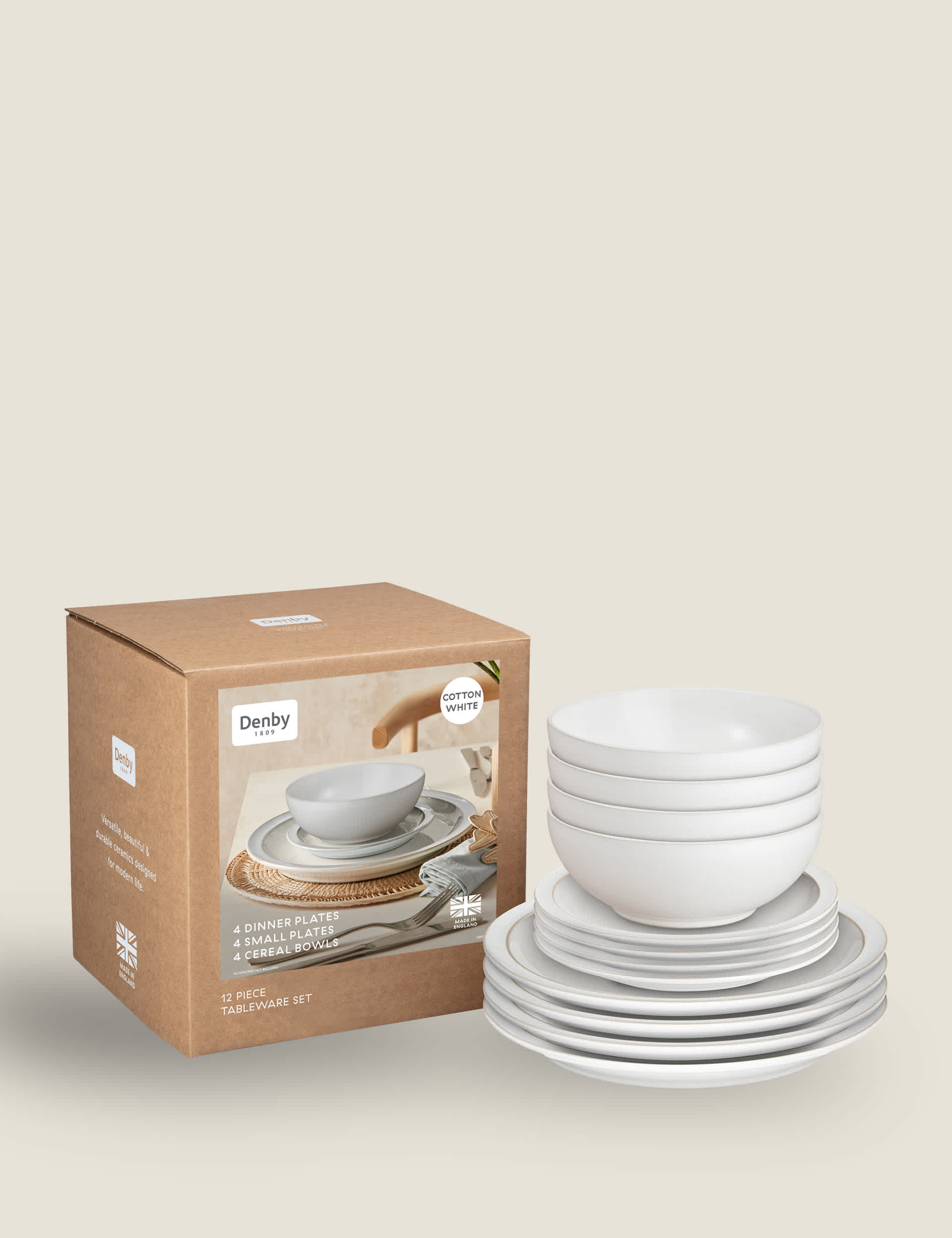 Denby cotton white 12 piece dinner set, imported from the UK