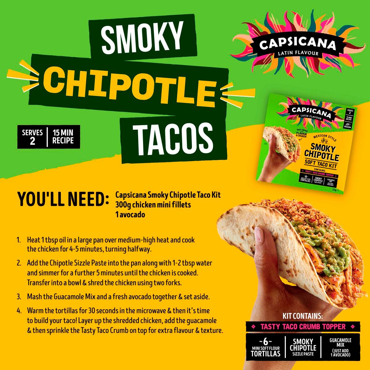 Capsicana smoky chipotle soft taco kit 273g, imported from the UK