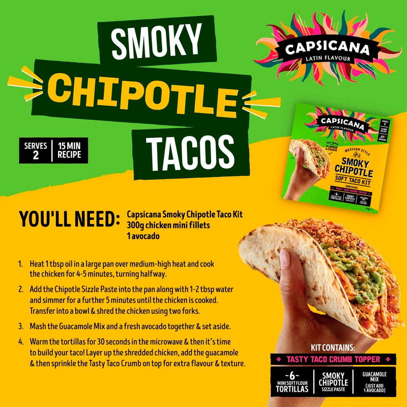Capsicana smoky chipotle soft taco kit 273g, imported from the UK